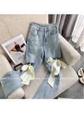 High Waist Women's Fashion Jeans Ladies Sweet Bow Wide Leg Pants Ripped Hole Trousers Fashion All-Match Bagge