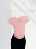 Zingj Little Sister Pinch Waist Pink Knit Short Sleeve T Shirt Female Shoulder Slim Short Three-Dimensional Rose Shirt