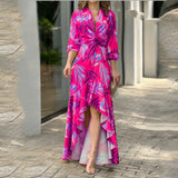 Women V Neck High Waist Irregular Ruffle Dress Spring Long Sleeve Boho Loose Beach Dress Chic Printed Party Banquet