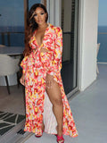 Casual Floral Printed Flare Sleeve Tunic Maxi Dress Women Summer Beach Wear Boho Deep V Neck High Slit Party Dresses