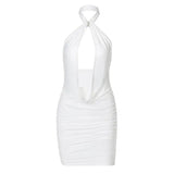 Women Summer Halter Hollow Out Bodycon Solid Color Backless Package Hip Mini Dress 2021 Female Clothing