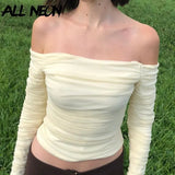 Vintage 90s Off Shoulder Ruched Mesh Crop Tops Streetwear Flare Sleeve Yellow T-shirts Fashion Tees Autumn 2021