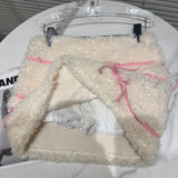 White Plush Faux Fur Pink Stripe Mini Skirt- Outfit