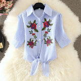 Summer Fashion Stripe Blouse Short Sleeve Shirt Women Blouses Chiffon Embroidery Shirts White Blue Top Blusas Women