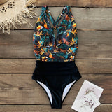 In The Forest One-piece Swimsuit Women Deep V neck Back Cutout Ruffle Monokini 2021 Summer Bathing Suit Swimwear