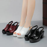Mouth Patent Leather Crocodile High Heel Sandals Summer White Wedding Shoes Waterproof Table Thick Cheongsam Walking Shoes Coarse Heel Women's