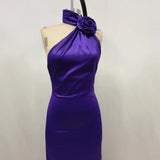 2024 New Sexy Dress Purple Temperament Three-Dimensional Flowers Waist Famous Hanging Neck Party High-End