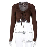 2022 Solid Color Long Sleeve Crop Top Women Fashion Elegant Summer T Shirts Sexy Streetwear Tie Cardigan
