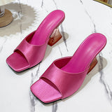 Zingj High Heel Slippers Female Summer Square Head Solid Color A Word Wear Fashion Versatile Ladies Large Size