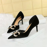 Zingj Banquet High Heels Fine Heel Shallow Mouth Tip Side Hollow Out And Thick Suede Water Diamond Button Bow Single