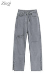 Waist Grey Ripped Jeans Women Streetwear Baggy Harajuku Wide Leg Jeans Female Trousers 2023 Vintage Straight Long