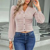 Autumn V Neck Folds Buttons Knitted Tank Top Women Sexy Fashion Casual All-match Long Sleeve T-shirts Ladies Cardigan