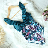 Sexy One Piece Swimsuit Female Swimwear Women Print Floral Bandage Shoulder Ruffle Brazilian Backless