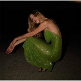 Green Sequin Backless Sling Maxi Dress-Outfit