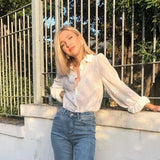 Fashion Crochet Lace Shirts Long Puff Sleeve Casual Flower Embroidery Buttons Down Blouse Tops Office