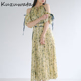Japanese New Style Two Wear Women Vestidos 2022 Spring Robes Off Shoulder Drawstring Slim Waist Print Pleated