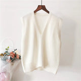 Solid Color V-neck Sweater Vest Women Loose Sleeveless Simple Commuter Undecorated Knitted Sweater Vest Femal