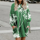 Women Long Sleeve Crew Neck Mini Dresses Casual Loose Floral Printed Fashion Pullover Dresses Autumn Winter Sweatshirts