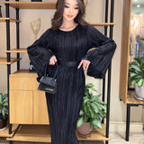 Zingj Women's Fall 2023 New Round Collar With Horn Long Sleeves Long Pleated Dress-Outfit