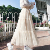 Long Gray Pleated Tutu Skirts 2021 Summer Vintage Women Elastic High Waist Mesh Midi Tulle Skirts Female Jupe Longue