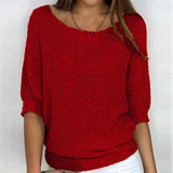 New Solid Color Round Knit Shirt Women Commuting Elegant Seven-Sleeve Top Air-Conditioning