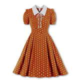 Green Vintage Retro Chiffon Party Women Dress Polka Dots Print Turn Down Collar With Bow Rockabilly A Line Party