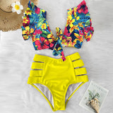 Ruffled Hem Bikini Set Women Flora V-Neck High-Waisted Two Piece Swimsuit 2021 Girl Beach Bathing Suit Swimwear