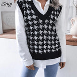 women's Houndstooth knit sweater vest autumn 2022 new loose V-neck sleeveless elegant fashion casual vest sweaters