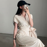 Zingj Chic Summer French Retro POLO Collar Color Trim Waist Show Thin Short Sleeve A-Line Dress Woman-Outfit