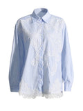 Zingj Spring New Fashion Temperament Lapel Lace Hollow Splicing Design Sense Loose Show Thin Long-Sleeved Shirt