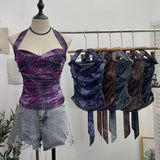 Solid Shot Tie-Dye-Dyed Denim Print Folding Mesh Sling Sling Sling Neck With Bow Striped Backwear