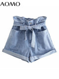Women Vintage Blue Denim Shorts with Belt Zipper Pockets Female Retro Casual Shorts Pantalones