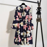 Women Casual Summer Dress Lady Korean Style Vintage Floral Printed Chiffon Shirt Dress Long Sleeve Bow Midi Summer Dress