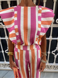Zingj Women Colorful Striped O Neck Flying Sleeves Cropped Top Suit Fashion High Waisted Pockets Pants Set Elegant Lady Commute Outfit 211-0-Outfit