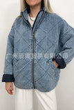 The Ins New Fall Ladies Design Feel Denim Quilted Plus Thick Lapel Loose Double Bag Jacket-Outfit