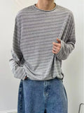 Men's Autumn New Lazy Ins Literature And Art Simple Loose Haired Round-Neck Striped Long-Sleeved T-Shirt Popular