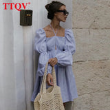 Sexy Halter Lace-Up Mini Dress Ladies Autumn Puff Sleeve Hollow Out Vintage Dress Elegant Ruched Party Dresses For