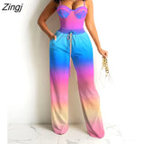 Women Fashion Ombre Colorblock Sexy Corset Cami Crop Top Wide Legs Contrast Pipping Pants Set Gradient Long Trousers Two