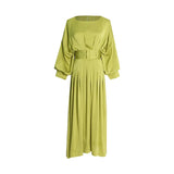 Romantic Green Pleated Dress Spring 2025 New Round Collar Long Sleeve Waist Show Thin Flounces