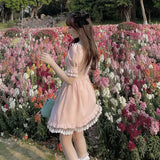 Sweet Kawaii Lace Dress Women Pink College Style Lolita Peter Pan Collar Summer Women Dress Mini Dress For Women