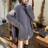 Zingj Winter New Design Sense Small Chic Side Open Zipper Lazy Loose Casual Version Irregular Long Sweater-Outfit