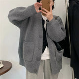 Zingj Women 2024 Autumn / Winter New Sweater Lazy Wind Large Pocket Korean Version V-Neck Loose Show Thin Coat Female-Outfit