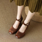 Thick Heel Cross Strap Single Shoes Women's Spring 2025 New Soft Leather Square Head Mary Jane Shallow High