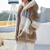 and the United States 2021 autumn and winter warm plush and zipper pocket hooded loose jacket