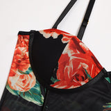 Women's Teddy bodysuit Printed Sling Bra Net Yarn Perspective Underwear Thong One-piece Lingerie