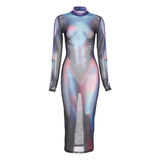 Women Fashion Autumn Winter Long Sleeve Printed Mesh See Through Bodycon Midi Dress 2021 Fall Clothes Wholesale