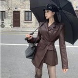 Sweet Hot Girl Versatile Leather Coat Women's Winter Long Sleeve Casual PU Leather Lace-up Trench Jacket Female