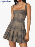 women sets short camis plaid crop top with zipper streetwear slim two piece set casual short