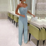 Feather Patchwork Lace-up Office Jumpsuit Summer New Women Solid Romper Overalls Sexy Sleeveless Wrap Wide Leg