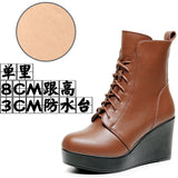 Head 12Cm High Slope And Waterproof Table Mid-Sleevel Boots With Side Zipper Women's Boots Pine Cake Plus Velvet Winter Warm Leather